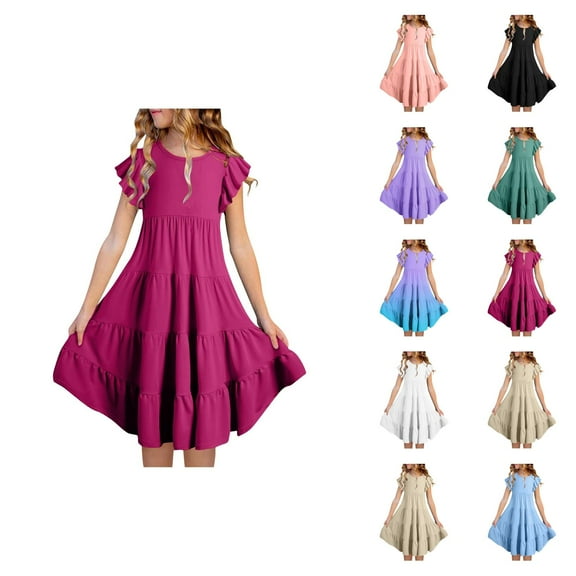 Dress for Girls Girls Party Dress Girls Summer Dresses Double Layer Flutter Sleeve Flowy A Line Dress Casual Gradient Midi Dresses