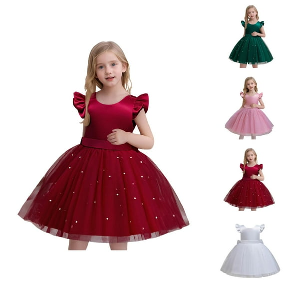 Dress for Girls Girls Princess Dress Toddler Girls Fly Sleeve Dresses Pearl Decoration Solid Bowknot Princess Dress