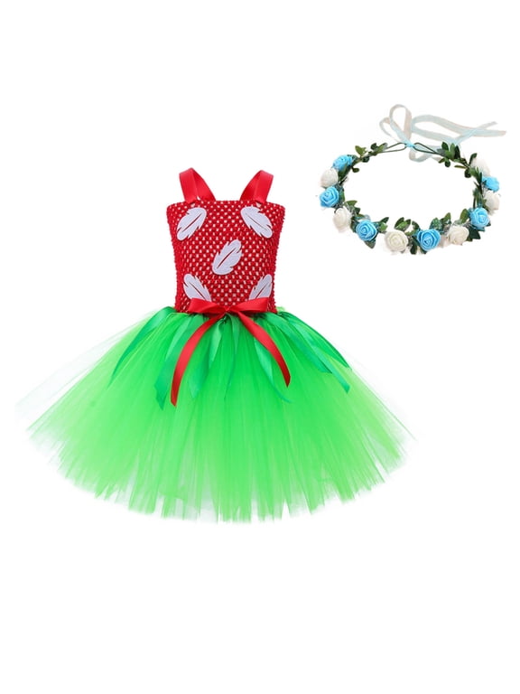 Dress for Girls Hawaiian Mesh Tutu Hula Party Princess Green Soft Breathable Lightweight Stretchy Green Dress Size 6-7 Y
