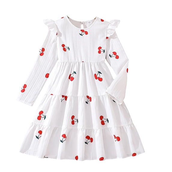 Dress for Girls Kids Floral Print Long Sleeve Round Neck Casual Party Gown Dress Toddler Dresses White 7-8Y