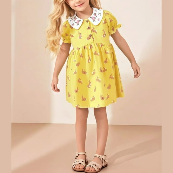 Dress for Girls Kids Toddler Girls Summer Cotton Lace Dress Short Sleeve Tiered Swing Midi Casual Dresses Girls' Dresses Yellow 2 Years-3 Years