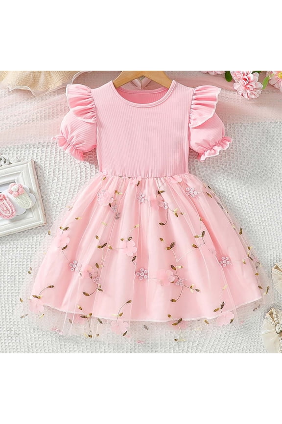 Dress for Girls Kids Toddler Girls Summer Mesh Floral Dress Puff Sleeve Flower Embroidered Princess Dress Dresses for Girls Pink 1 Years-2 Years