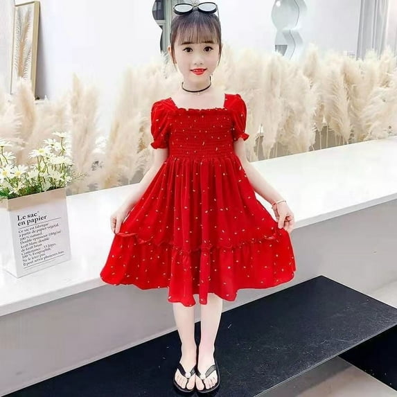 Dress for Girls Kids Toddler Girls Summer Solid Flower Prints Fashion Square Neck Short Sleeve Dress Girls Dress Red 7 Years-8 Years