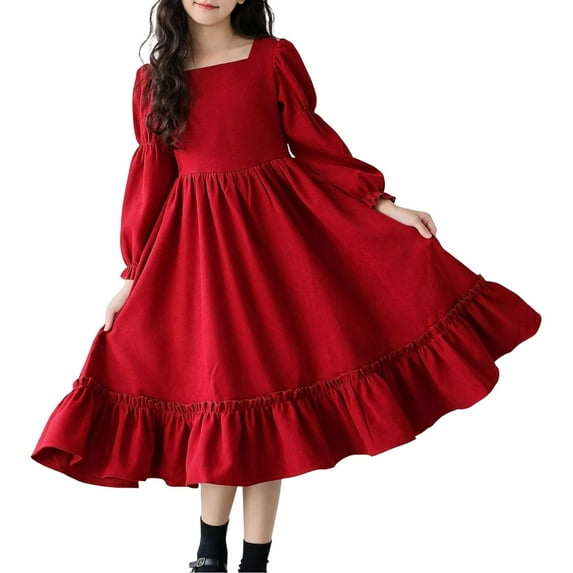 Dress for Girls Long Sleeve Square Neck Fall Red Party Comfortable Casual Outfit Kids Red Dress Size 13-14 Y