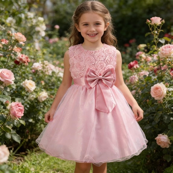 Dress for Girls Medium Large Child Princess Sleeveless Bow Design Rose Summer Net Dress Pink 7-8 Years