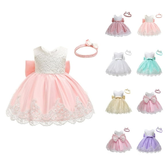 Dress for Girls Party Dresses for Girls Baby Girls Lace Bowknot Princess Wedding Formal Tutu Dress Headband Set Clothes