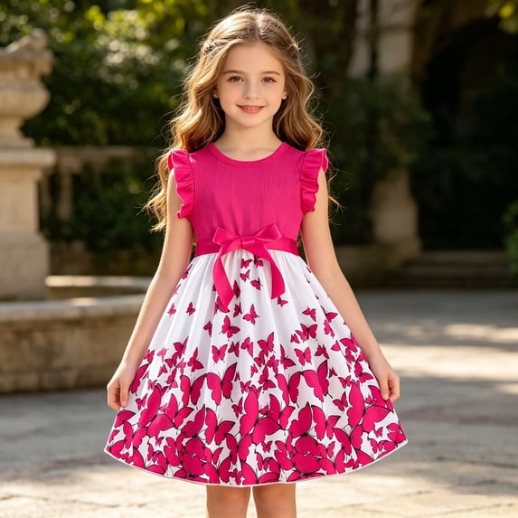 Dress for Girls Size 5-6Y Kids Butterfly Print Ribbed Sleeveless Round Neck Party Gown Dress Girl Dresses