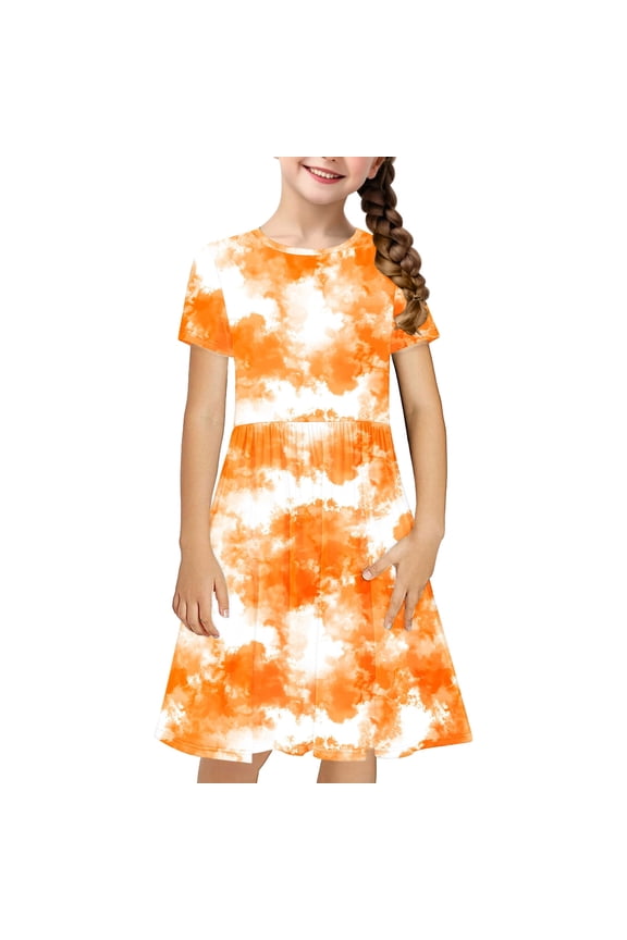 Dress for Girls Tie Dye Gradient Crewneck Causal Sundress Fashion Short Sleeve Dress Size 4-14