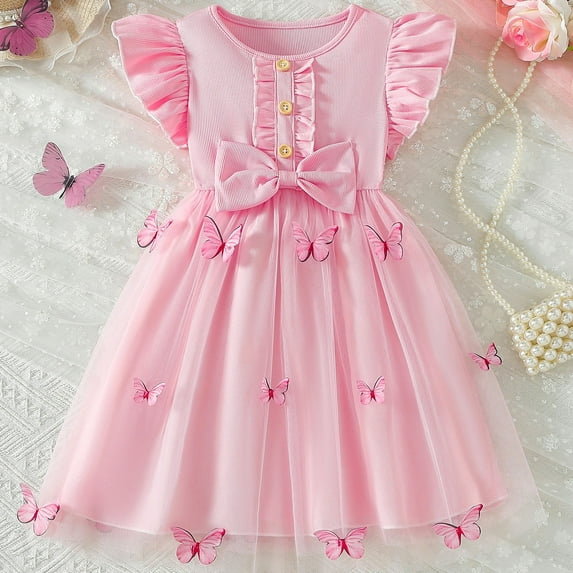 Dress for Girls Toddler Baby Girls Summer Solid Flutter Sleeve Mesh Dress with 3D Butterfly Design Dresses for Girls Pink 1 Years-2 Years