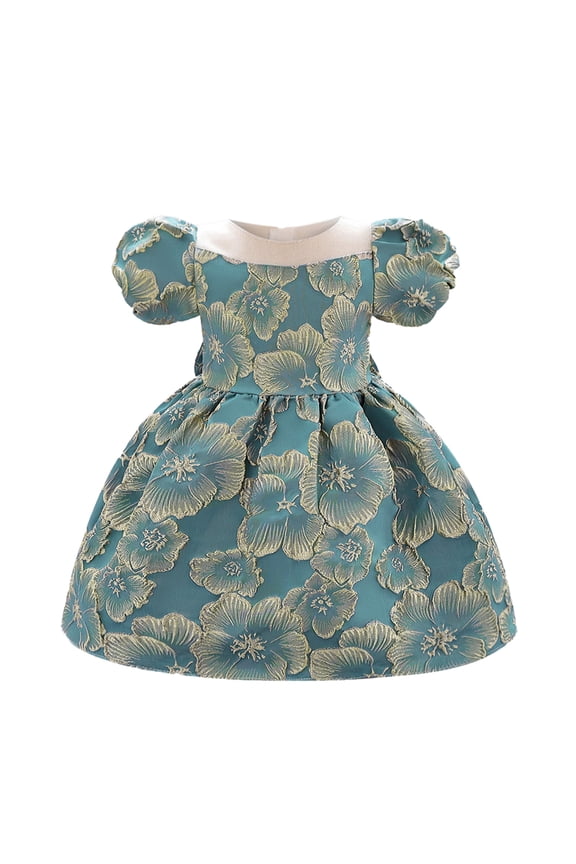 Dress for Kids Girls Birthday Dress Jacquard Puffed Sleeve Princess Party Dress Fashion Blue, 70