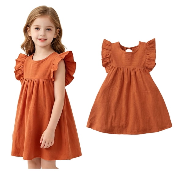 Dress for Kids Ruffle Sleeve Flared Flowy Dress Brown Girls Dress 3-4 Years
