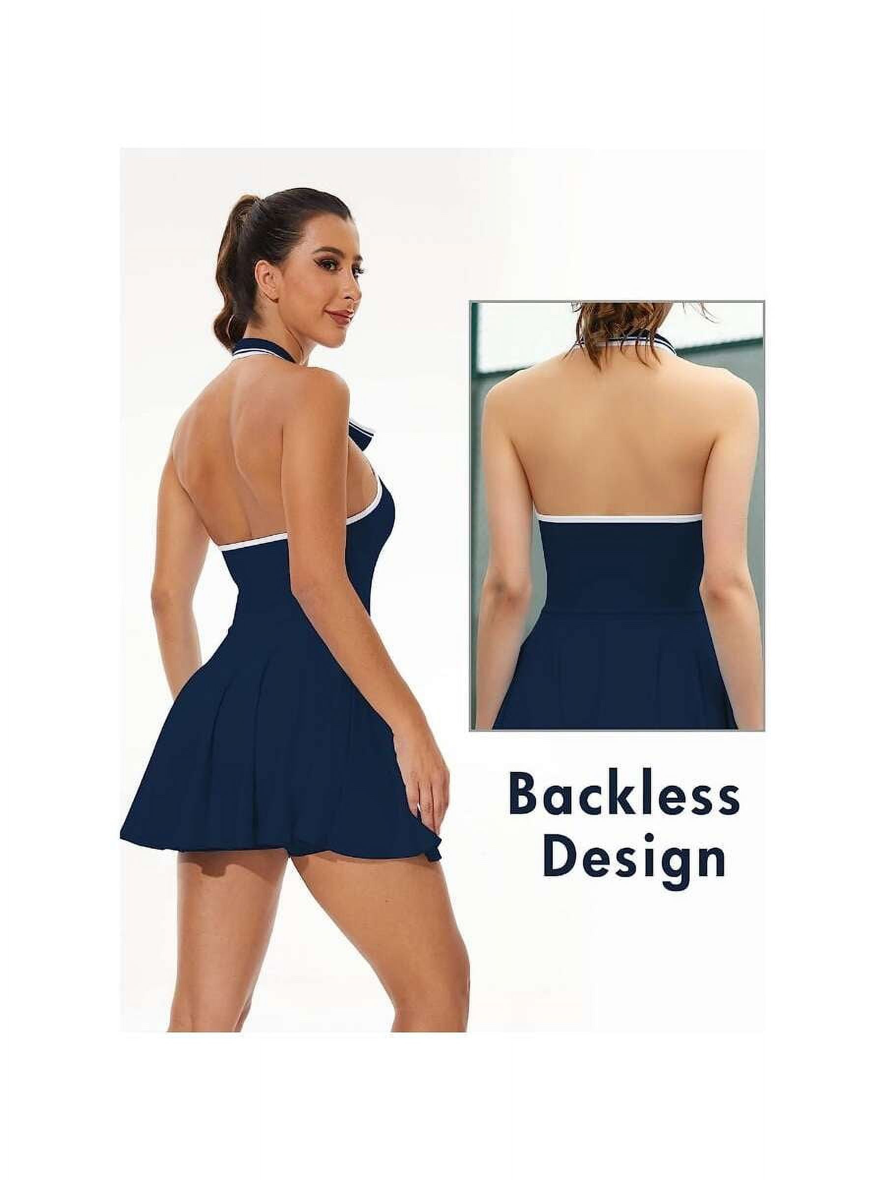 Dress for Tennis Golf Midi Backless,Dress with Built in Shorts & Bra Polo Neck Workout Dresses