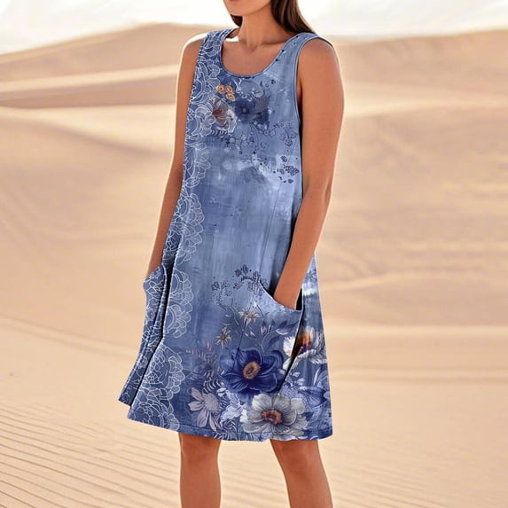 Dress for Woman Women's Solid Color Casual Sleeveless Linen Loose Fitting Dress With Pockets C Multicolor XXXL