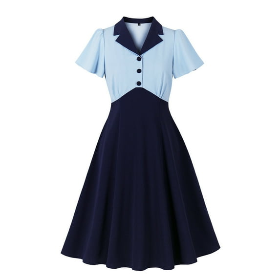 Dress for Women 1950s Audrey Hepburn Short Sleeve Button Down Flared Midi Dress A-Line Swing Cocktail Party Dress