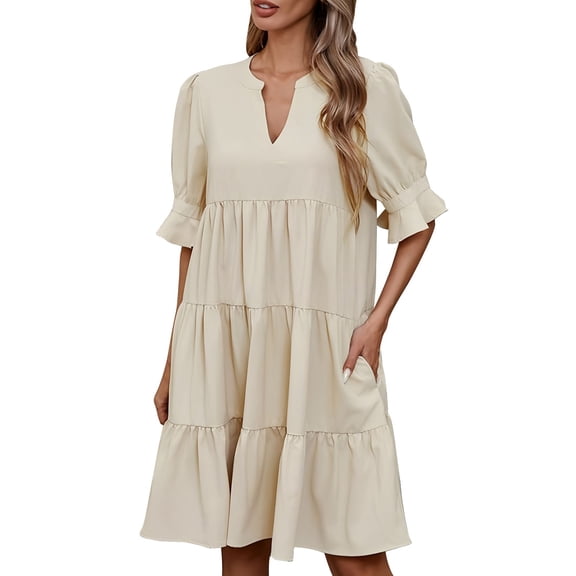 Dress for Women Basic V Neck Solid Color Loose Fit Casual Comfort Dresses Beige S