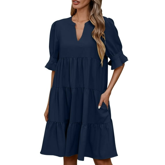Dress for Women Basic V Neck Solid Color Loose Fit Casual Comfort Dresses Dark Blue XXL