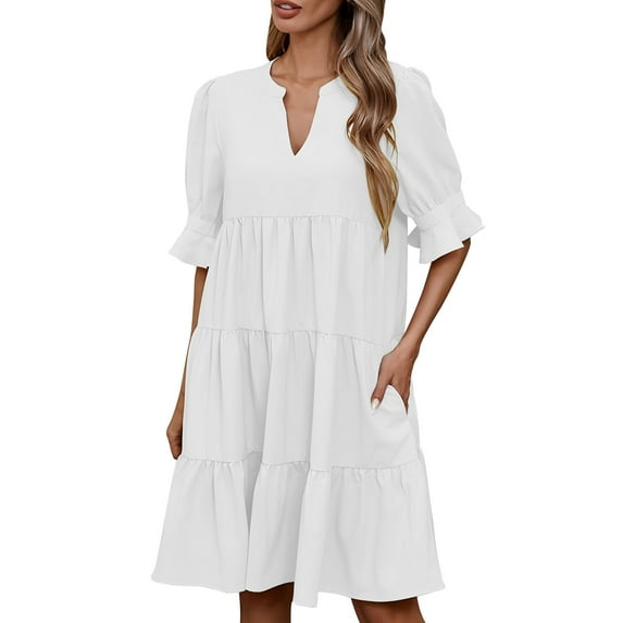 Dress for Women Basic V Neck Solid Color Loose Fit Casual Comfort Dresses White L