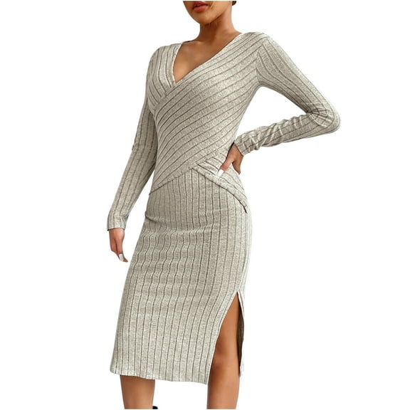 Dress for Women Casual High Waisted Split Inner Lining with Bottom Long Sleeved Dress