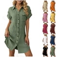 thumbnail image 1 of Dress for Women Casual Loose Fit Short Sleeve Solid Striped Button Down Shirts Dresses Army Green XL, 1 of 7