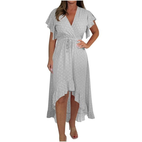 Dress for Women Casual Vacation Style V-Neck Printed Short-Sleeved Ruffled Dress Party Holiday Dresses