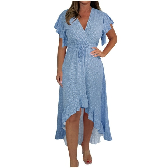 Dress for Women Casual Vacation Style V-Neck Printed Short-Sleeved Ruffled Dress Party Holiday Dresses