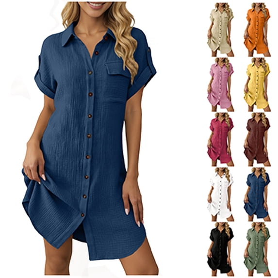 Dress for Women Cotton Shirt Dress Summer Casual Short Sleeve Button Down Beach Cover Up Shirts with Pockets Navy XXL