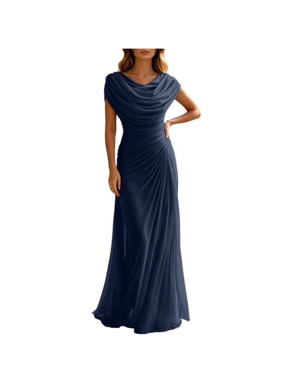 Dress for Women Cowl Neck Sleeveless Ruched Waist Chiffon Floor Length Maxi Gown Elegant Formal Wedding Guest Evening Dress