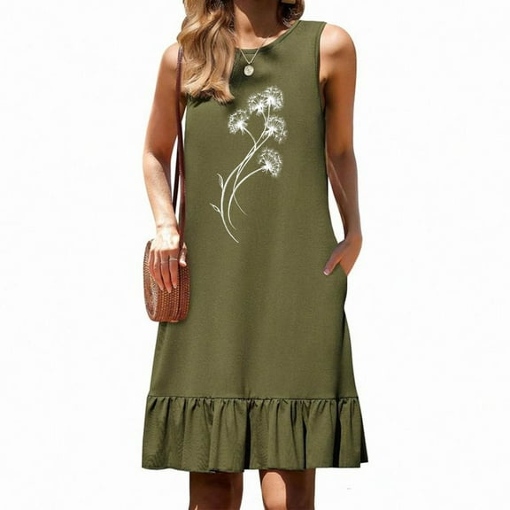 Dress for Women Dandelion Print Sleeveless Dress Pocket Pleated Lightweight Style Army Green L
