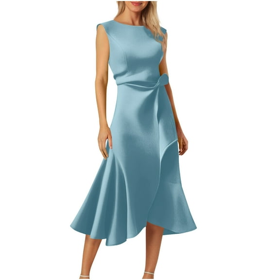 Dress for Women Elegant Sleeveless Crew Neck Irregular Ruffle Hem Dresses Wedding Guest Cocktail Party Formal Dress