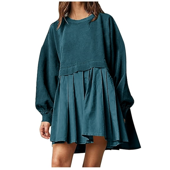 Dress for Women Fashion Casual Over Sized Sweatshirt Long Sleeve Dress Round-Neck Ladies Patchwork Mini Dresses Dresses for Womens