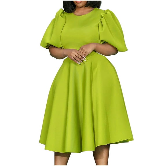 Dress for Women Fashion Color Round Neck Large Skirt Hem Waist Retraction Dress Skirts for Women