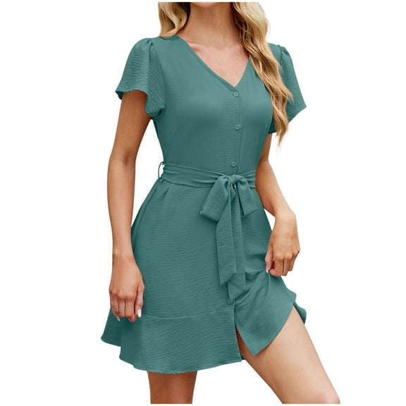 Dress for Women Fashion Comfortable Summer Solid Color Button Tie Short Sleeve V-Neck Dress Party Holiday Dresses