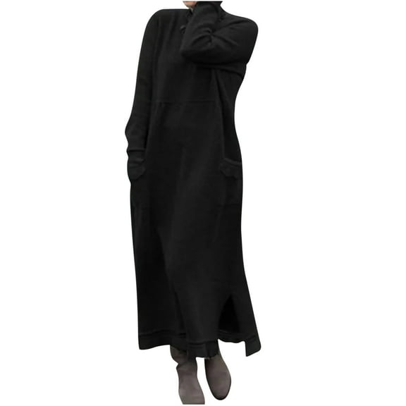 Dress for Women Fashion Round Neck Winter Warm Color Long Sleeve Pocket Long Dress Winter Dress for Women
