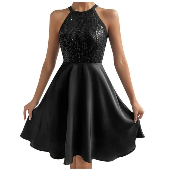 Dress for Women Halter Neck Sleeveless Formal Dresses Cocktail Party Women's Summer Solid Color Sequin Spliced Sleeveless Dress Black S