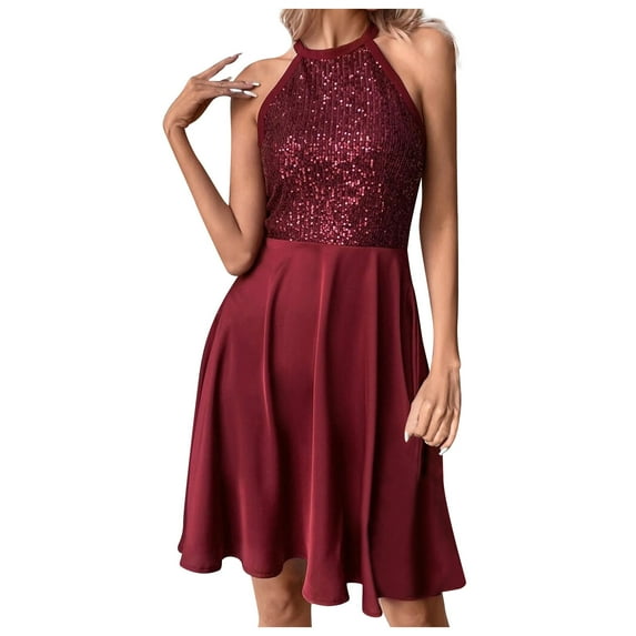 Dress for Women Halter Neck Sleeveless Formal Dresses Cocktail Party Women's Summer Solid Color Sequin Spliced Sleeveless Dress Red L