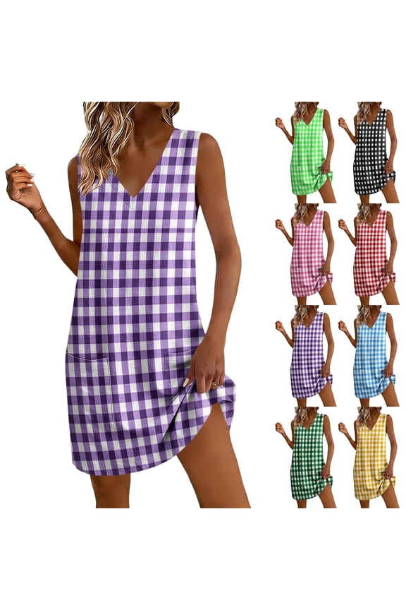 Dress for Women Ihhxva Loose Fit Checkered Shift with Pockets V-Neck Casual Summer Flowy A-Line Cotton Short Sleeve Tunic Top S-3XL