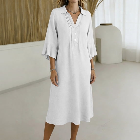 Dress for Women Linen Loose Pocket Three Quarter Sleeve Long Dresses White M