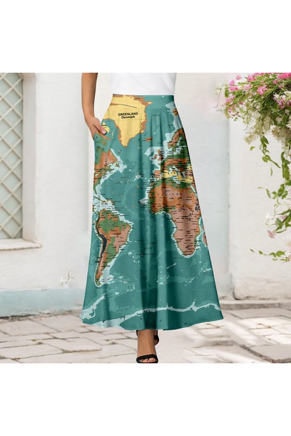 Dress for Women Maple Pattern Printed Mid Length Skirt High Waist Defined Flowy A Line Summer Casual Bottom
