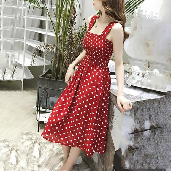 Dress for Women Oversized Polka Dots Square Neckline Mid-Length Dress Casual Slim Fit Sleeveless Ruffle Flowy Dresses