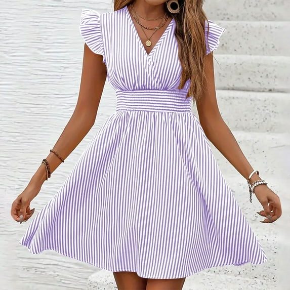 Dress for Women Plus Size Clearance Short Sleeved V-neck Striped Summer Casual Dresses Purple L
