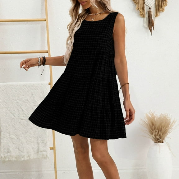 Dress for Women Plus Size Sleeveless Round-neck Plaid Loose Casual Flowing Dress