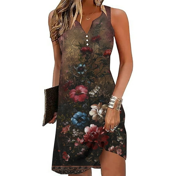 Dress for Women Plus Size Sleeveless V-neck Printed Loose Casual Dress 1-Multicolor8 XL