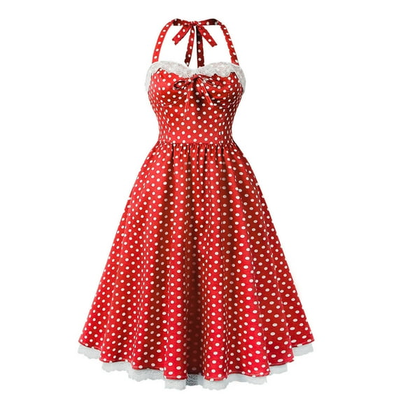 Dress for Women Polka Dot Print Halter Sleeveless Dress Flowy Boho Beach Outfit Red L