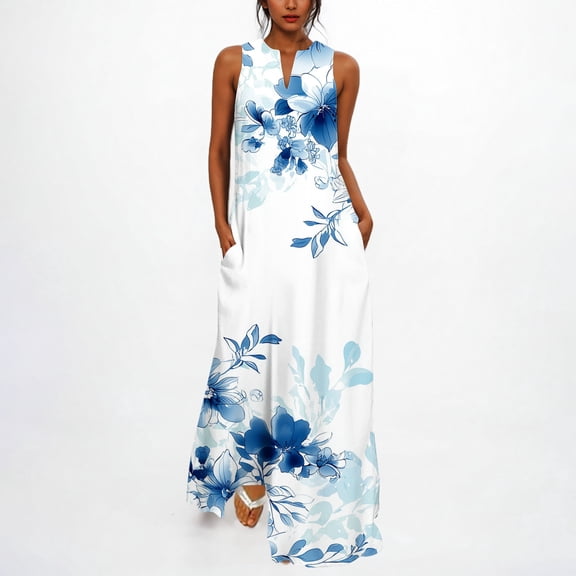 Dress for Women Print Sleeveless V-Neck Dress Breathable Casual Dress Blue L