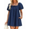 thumbnail image 1 of Dress for Women, Puff Short Sleeve Jean Dress Square Neck Denim Romper with Pockets Blue L, 1 of 4