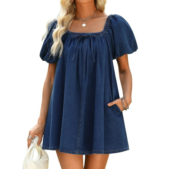 Dress for Women, Puff Short Sleeve Jean Dress Square Neck Denim Romper with Pockets Blue M