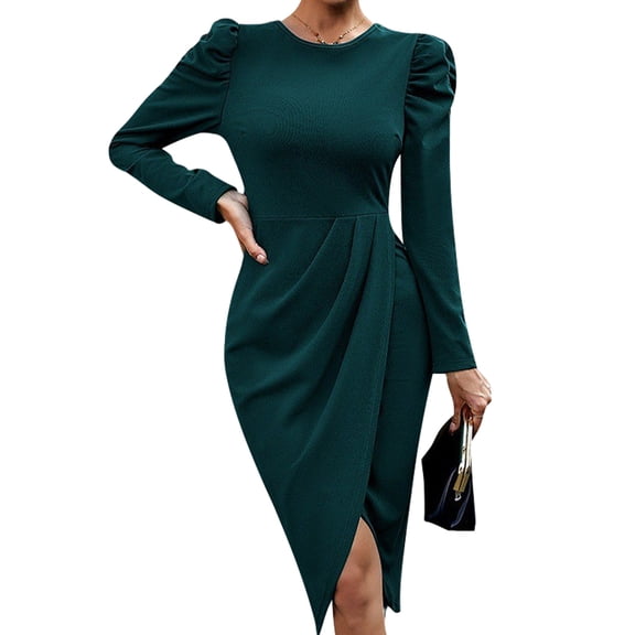 Dress for Women Round Neck Solid Color Side Split Bodycon Cocktail Long Sleeve Party Midi Dress Dark Green L