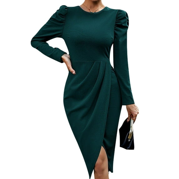 Dress for Women Round Neck Solid Color Side Split Bodycon Cocktail Long Sleeve Party Midi Dress Dark Green XL