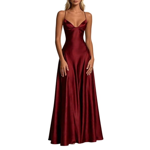 Dress for Women Satin Spaghetti Strap V Neck Cinched Waist Floor Length A Line Maxi Gown Elegant Evening Formal Dress for Wedding Party Prom