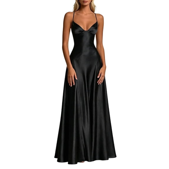 Dress for Women Satin Spaghetti Strap V Neck Cinched Waist Floor Length A Line Maxi Gown Elegant Evening Formal Dress for Wedding Party Prom